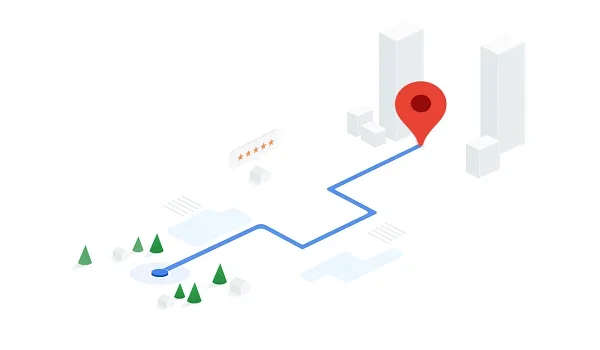 Isometric map illustration with a route line and location pin marking a destination