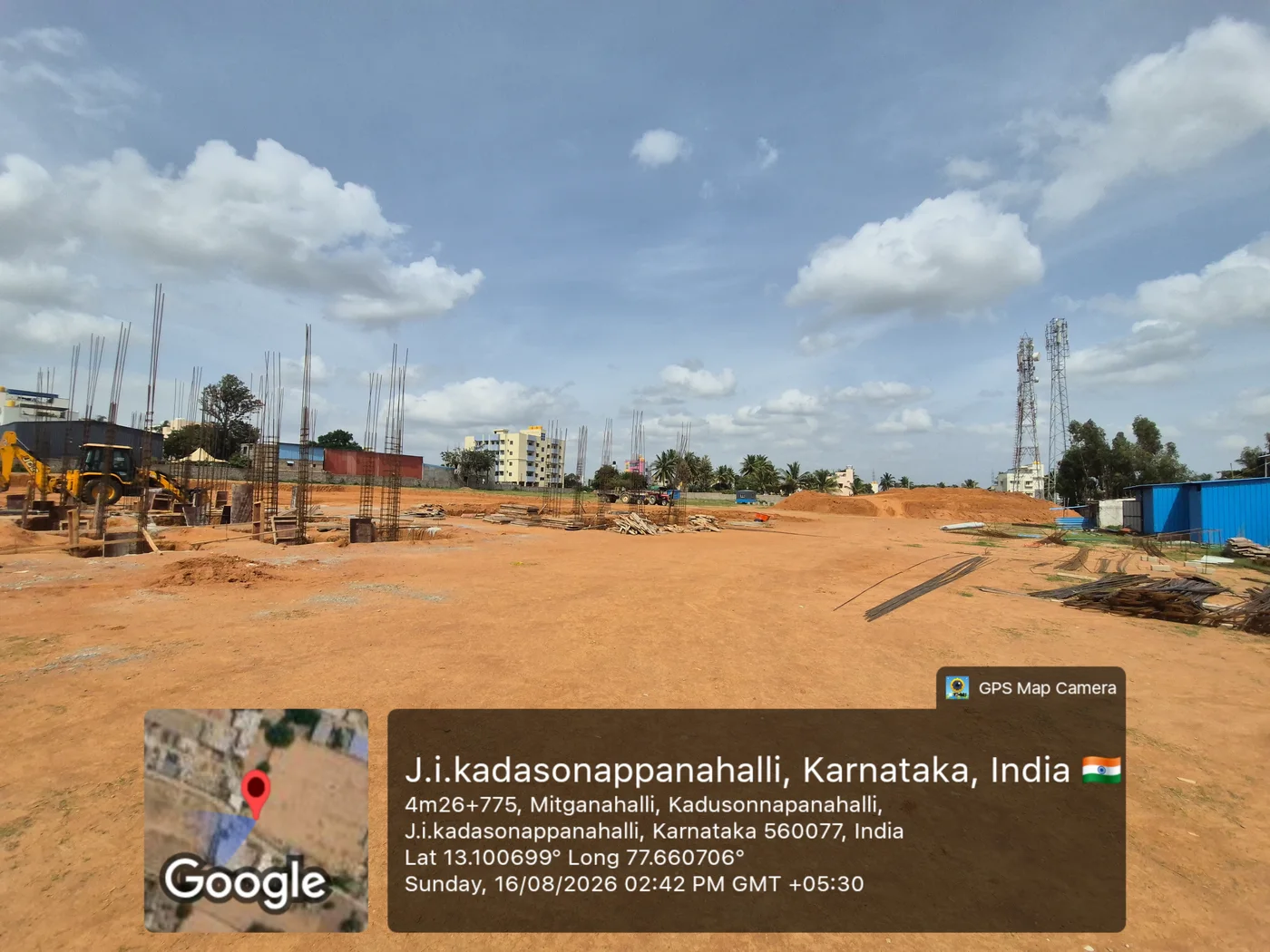 Wide view of the 4.50-acre HPR Shades of Green site with column steel and site cabins, Kannuru - Bagaluru Road, Bengaluru