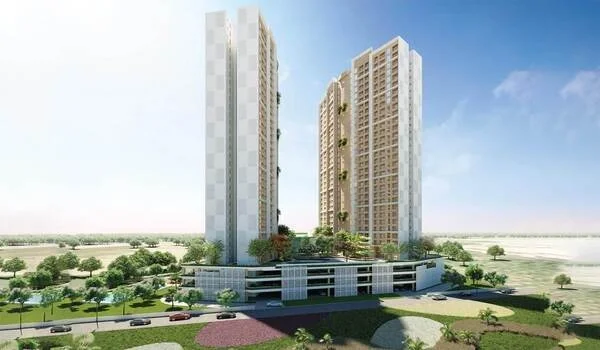 Twin residential towers set in open land on the outskirts of Bangalore