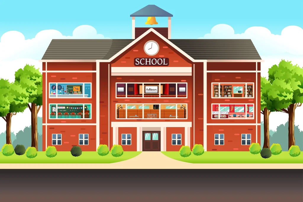 Illustration of a school building with classrooms, library and cafeteria